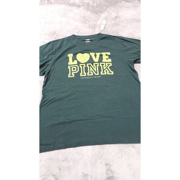 Victoria's Secret Small Green LOVE PINK Campus Cotton Off The Shoulder Tee NWT - Picture 1 of 9